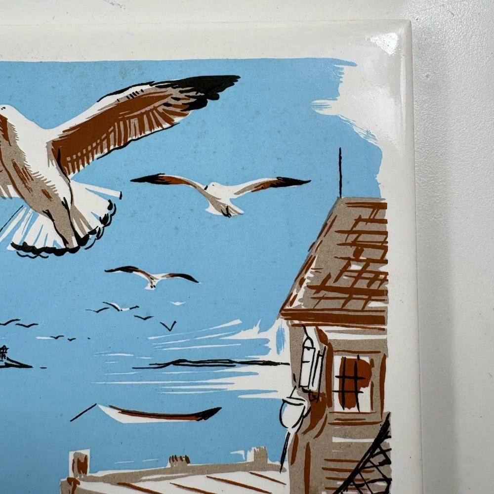 Vintage Screen Craft Seagull‎ Ceramic Tile Coastal Wall Art Hand Decorated